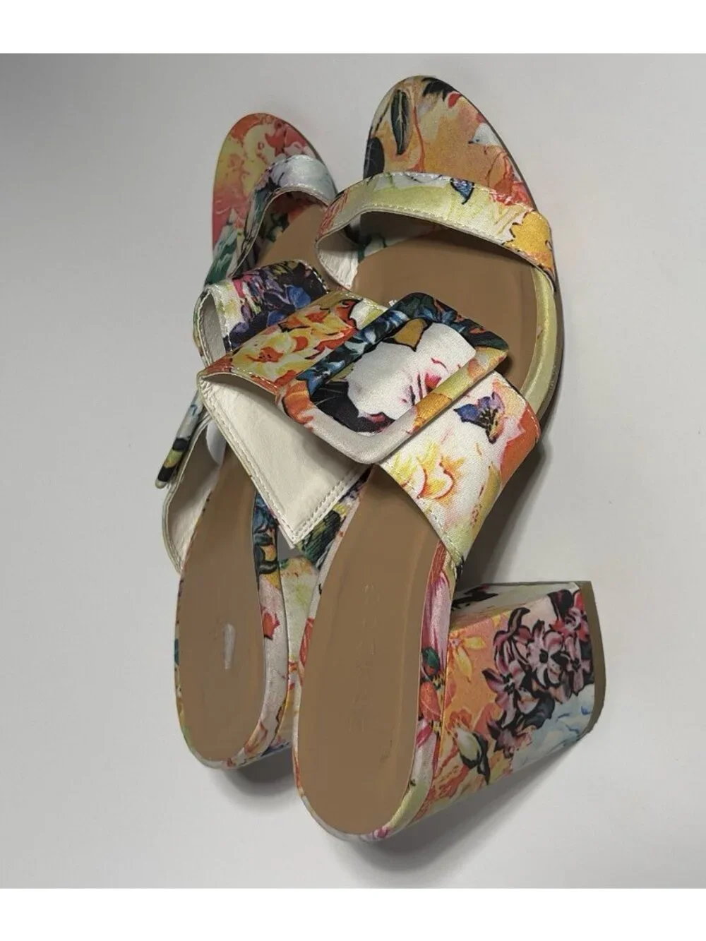 Bamboo Floral Print Buckle Slide Sandals Women’s 7.5 Block Heel Multicolor